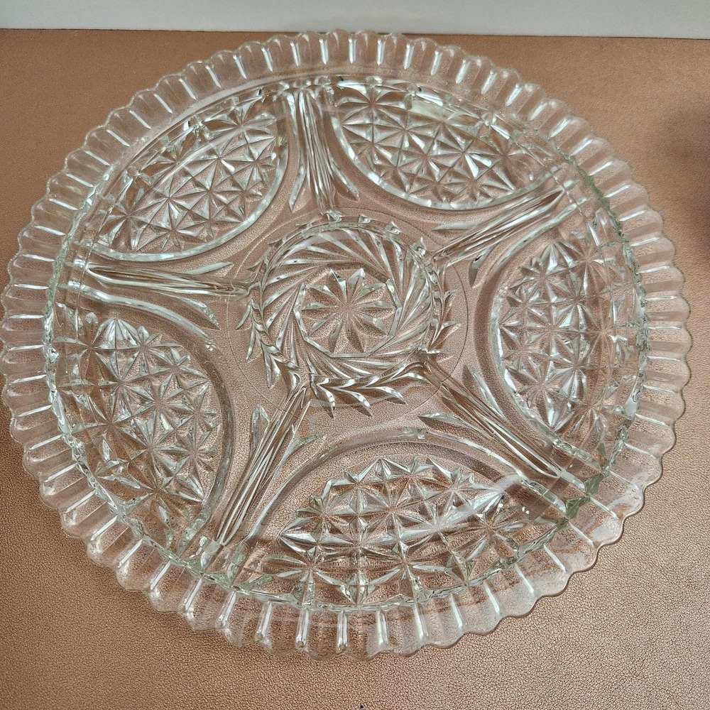 Vintage Anchor Hocking Stars & Bars 12" Glass 6 Part Relish Tray Serving Platter